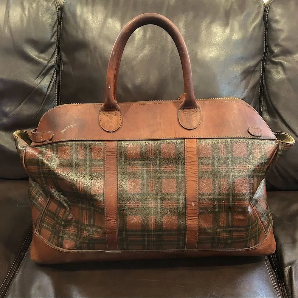 RALPH LAUREN Brown Green Top Handle Tartan Plaid Boston Duffle Travel Bag 55cm